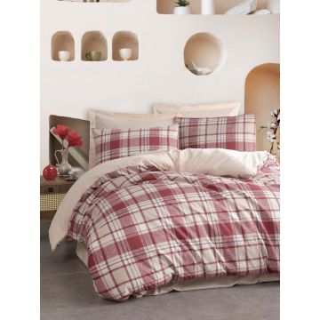 Lenjerie de pat pentru o persoana, Ekose - Red, EnLora Home, 65% bumbac/35% poliester
