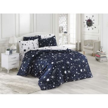 Lenjerie de pat pentru o persoana, Halley - Dark Blue, EnLora Home, 65% bumbac/35% poliester