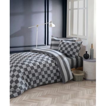 Lenjerie de pat pentru o persoana, Kareli Saten - Black, EnLora Home, 70% bumbac/30% poliester
