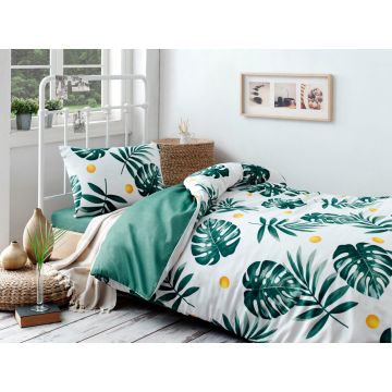 Lenjerie de pat pentru o persoana, Monstera - Green, Eponj Home, 65% bumbac/35% poliester