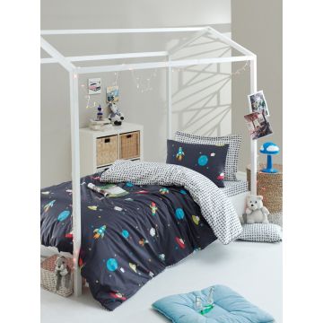 Lenjerie de pat pentru o persoana, Uzay - Dark Blue, Eponj Home, 65% bumbac/35% poliester