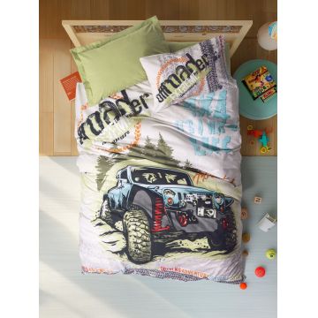 Lenjerie de pat pentru o persoana Young, Adventure Fitted - Green, Cotton Box, Bumbac Ranforce
