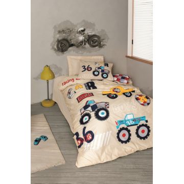 Lenjerie de pat pentru o persoana Young, Cars - Beige v2, Cotton Box, Bumbac Ranforce