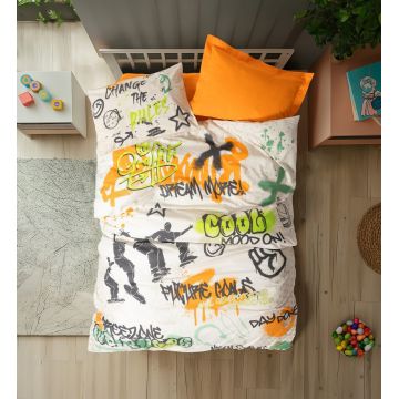 Lenjerie de pat pentru o persoana Young, Graffiti Fitted - Orange, Cotton Box, Bumbac Ranforce