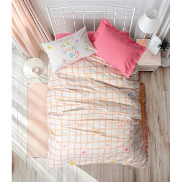 Lenjerie de pat pentru o persoana Young, Jours Fitted - Pink, Cotton Box, Bumbac Ranforce