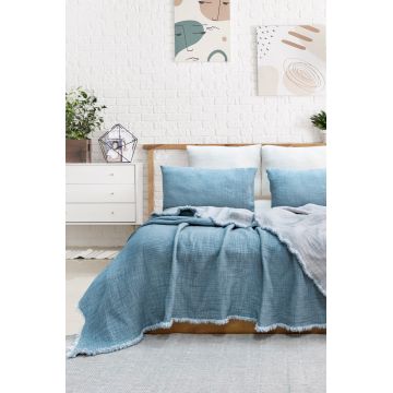 Set cuvertura de pat dubla 3 piese, Alda - Blue, Şaheser, 70% bumbac/30% poliester