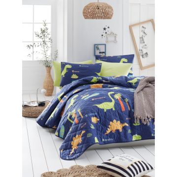 Set cuvertura de pat dubla 3 piese, Dinolar - Dark Blue, Eponj Home, 65% bumbac/35% poliester
