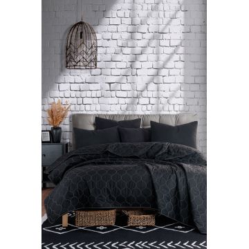 Set cuvertura de pat dubla 3 piese, Solid - Black, Eponj Home, 65% bumbac/35% poliester