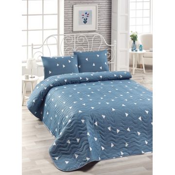 Set cuvertura de pat dubla 3 piese, Üçgen - Blue, Eponj Home, 65% bumbac/35% poliester