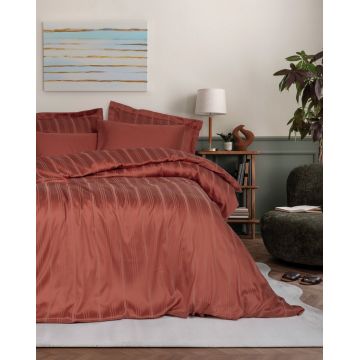 Set cuvertura matlasata dubla Bamboo, Bamboo Stripe - Tile Red, Cotton Box, 60% bumbac satinat/40% bambus