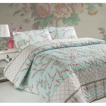 Set cuvertura matlasata Single 160x220 cm, 2 piese, Birdcage - Turquoise, Eponj Home, 70% bumbac / 30% poliester