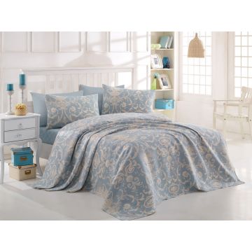 Set cuvertura pique dubla 3 piese, Tuval - Blue, EnLora Home, Bumbac