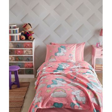 Set cuvertura pique Single, Unicornio - Pink, EnLora Home, Bumbac
