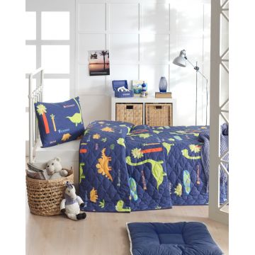 Set cuvertura Single 160x220 cm, 2 piese, Dinolar - Dark Blue, Eponj Home, 65% bumbac/35% poliester