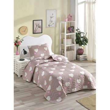 Set cuvertura Single 160x220 cm, 2 piese, Herz - Dusty Rose, Eponj Home, 65% bumbac/35% poliester