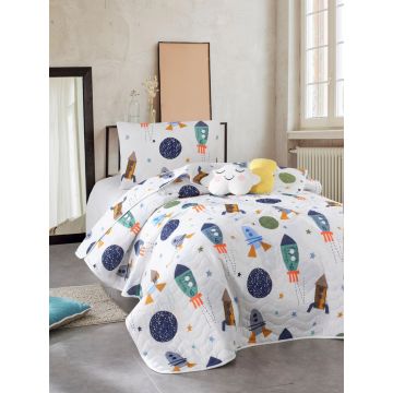 Set cuvertura Single 160x220 cm, 2 piese, Spacex - Dark Blue, EnLora Home, 65% bumbac/35% poliester
