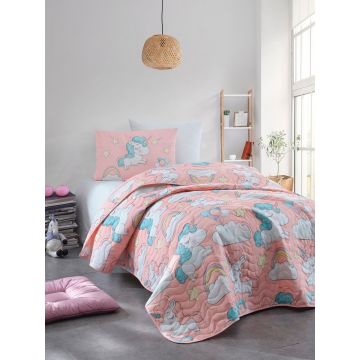 Set cuvertura Single 160x220 cm, 2 piese, Unicornio - Pink, EnLora Home, 65% bumbac/35% poliester
