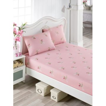 Set de pat dublu (cearceaf cu elastic si perne) 3 piese, Alanur - Pink, Eponj Home, 65% bumbac/35% poliester