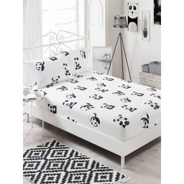 Set de pat dublu (cearceaf cu elastic si perne) 3 piese, Panda, Eponj Home, 65% bumbac/35% poliester
