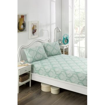 Set de pat dublu (cearceaf cu elastic si perne) 3 piese, Post - Water Green, Eponj Home, 65% bumbac/35% poliester