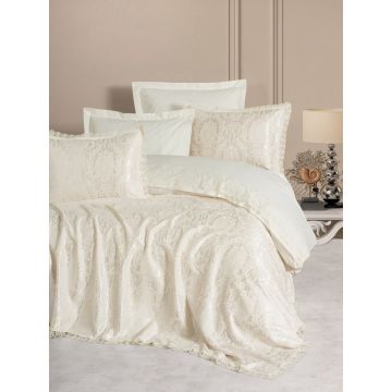 Set lenjerie de pat si cuvertura dubla Ranforce, Silva - Cream, Cotton Box, Bumbac
