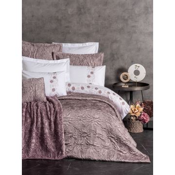 Set lenjerie de pat si cuvertura dubla, Theresa - Powder, Cotton Box, Poliester