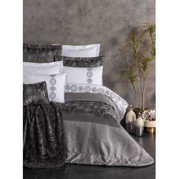Set lenjerie de pat si cuvertura dubla, Valeria - Anthracite, Cotton Box, Poliester