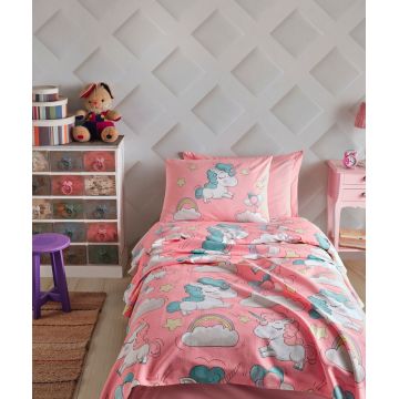 Cuvertura pique Single, Unicornio - Pink, EnLora Home, Bumbac