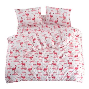 Lenjerie de pat albă, roz pentru pat de o persoană, extinsă cu cearceaf inclus, cu 3 piese 160x220 cm Flamingo – Mila Home Lenjerie de pat albă, roz pentru pat de o persoană, extinsă cu cearceaf inclus, cu 3 piese 160x220 cm Flamingo – Mila Home