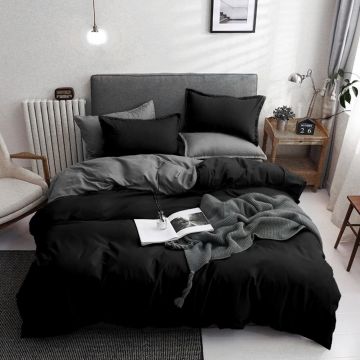 Lenjerie de pat dubla 3 piese, Basic - Black, EnLora Home, 65% bumbac/35% poliester