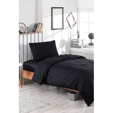 Lenjerie de pat dubla 3 piese, Duz Boya - Black, EnLora Home, 65% bumbac/35% poliester