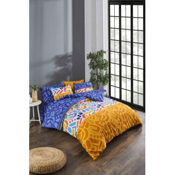 Lenjerie de pat dubla, Doodle Fitted - Multicolor, Tabu Home, 65% bumbac/35% poliester