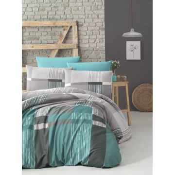 Lenjerie de pat dubla King Size, Victoria, Estela Turquoise, 4 piese, 100% bumbac ranforce, turcoaz