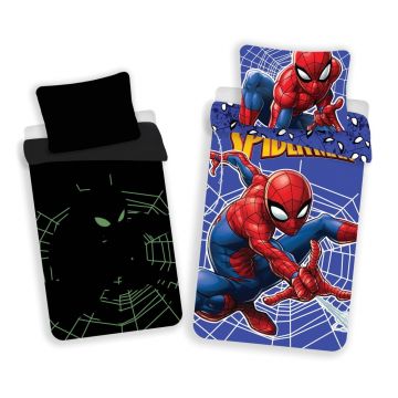 Lenjerie de pat fosforescentă pentru copii roșie-albastră din bumbac pentru pat de o persoană 140x200 cm Spider-man – Jerry Fabrics