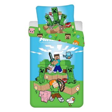 Lenjerie de pat pentru copii verde-albastră din bumbac pentru pat de o persoană 140x200 cm Minecraft 