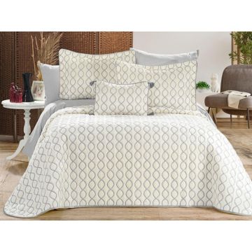 Set cuvertura de pat dubla 3 piese, Brillance - Cream, Grey, Lumea zestrei, Catifea