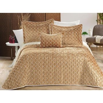Set cuvertura de pat dubla 3 piese, Brillance - Gold, Dowry World, Catifea