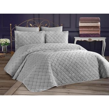 Set cuvertura de pat dubla 3 piese, Dessert - Grey, Dowry World, Catifea
