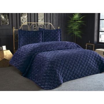Set cuvertura de pat dubla 3 piese, Lima - Dark Blue, Dowry World, Catifea