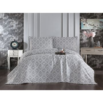 Set cuvertura de pat dubla 3 piese, Merlin - Grey, Whitney, Tesatura Chenille
