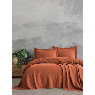 Set cuvertura de pat dubla 3 piese, Orella - Tile Red, Şaheser, Bumbac