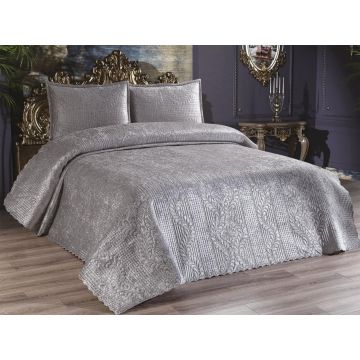 Set cuvertura de pat dubla 3 piese, Velica - Grey, Dowry World, Catifea