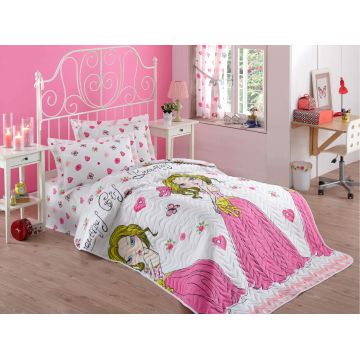 Set cuvertura matlasata Single 160x220 cm, 2 piese, Beatiful Girl - White, EnLora Home, 65% bumbac/35% poliester