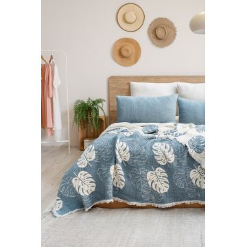 Set cuvertura pique dubla, Forest - Blue, Şaheser, 70% bumbac/30% poliester