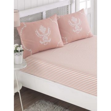 Set de pat dublu (cearceaf cu elastic si perne) 3 piese, Pure - Powder, EnLora Home, 65% bumbac/35% poliester