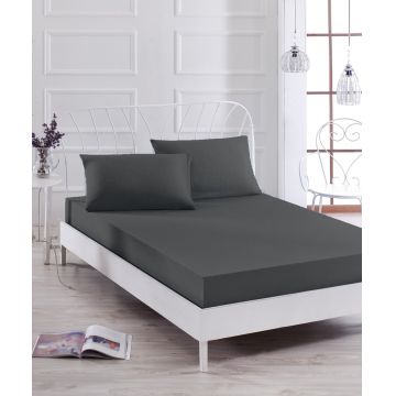 Set de pat pentru o persoana (cearceaf cu elastic si perna) 2 piese, Düzboya - Black, EnLora Home, 50% bumbac / 50% poliester