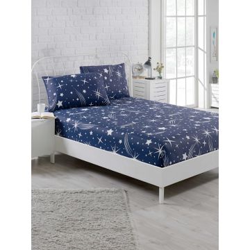 Set de pat pentru o persoana (cearceaf cu elastic si perna) 2 piese, Halley - Dark Blue, EnLora Home, 65% bumbac/35% poliester