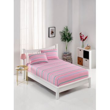 Set de pat pentru o persoana (cearceaf cu elastic si perna) 2 piese, Kokteyl - Pink, EnLora Home, 65% bumbac/35% poliester