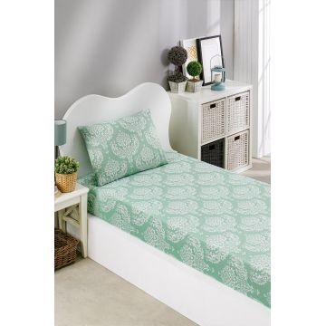 Set de pat pentru o persoana (cearceaf cu elastic si perna) 2 piese, Post - Water Green, Eponj Home, 65% bumbac/35% poliester