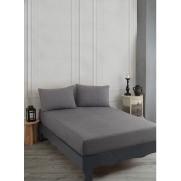 Set de pat pentru o persoana (cearceaf cu elastic si perna) 2 piese, Road Potlu - Black, EnLora Home, 70% bumbac/30% poliester